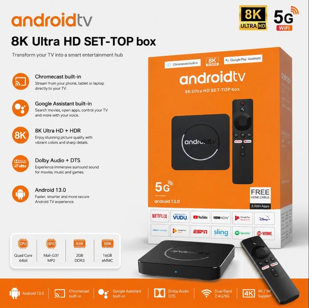 اندروید تی‌وی باکس 8K مدل Android TV Box | رم 2GB حافظه 16GB | اندروید 13